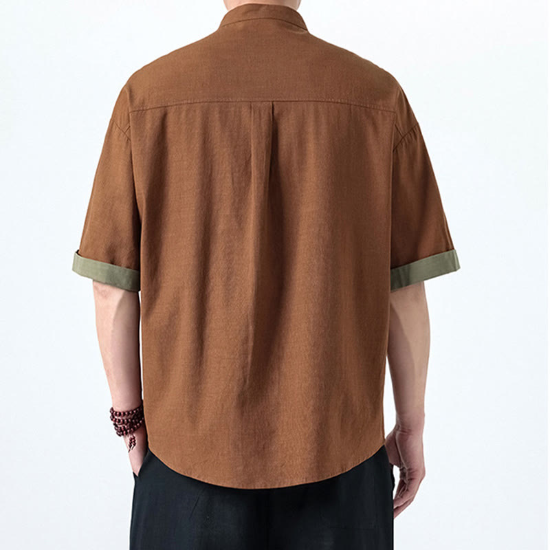 Buddha Stones Casual Color Matching Chinese Frog-Button Design Tang Suit Men's Half Sleeve Cotton Linen Shirt - image 17