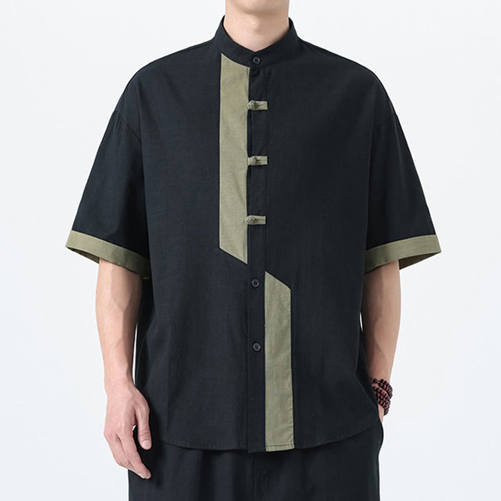 Buddha Stones Casual Color Matching Chinese Frog-Button Design Tang Suit Men's Half Sleeve Cotton Linen Shirt - image 23