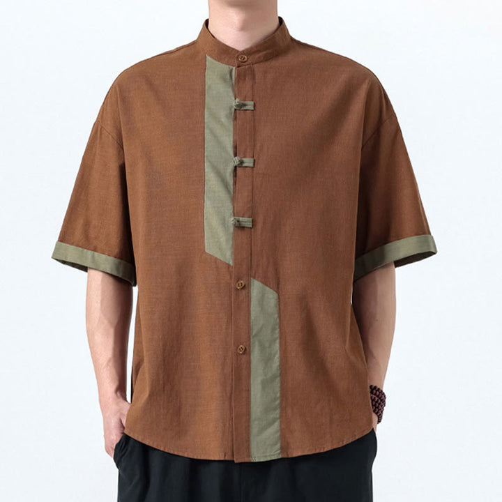 Buddha Stones Casual Color Matching Chinese Frog-Button Design Tang Suit Men's Half Sleeve Cotton Linen Shirt - image 16