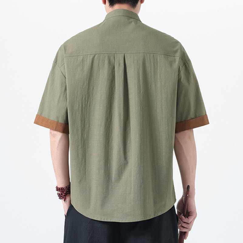 Buddha Stones Casual Color Matching Chinese Frog-Button Design Tang Suit Men's Half Sleeve Cotton Linen Shirt - image 11