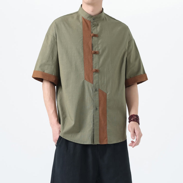 Buddha Stones Casual Color Matching Chinese Frog-Button Design Tang Suit Men's Half Sleeve Cotton Linen Shirt - image 14