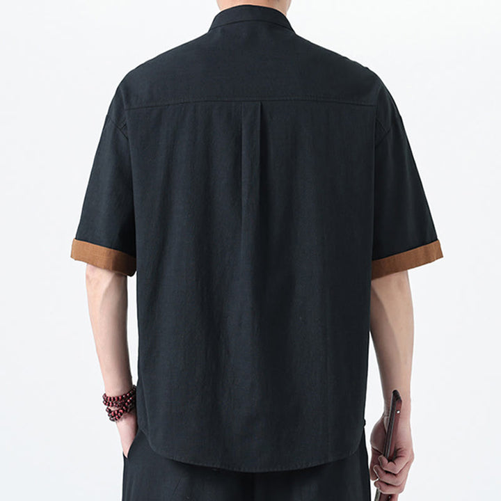Buddha Stones Casual Color Matching Chinese Frog-Button Design Tang Suit Men's Half Sleeve Cotton Linen Shirt - image 3