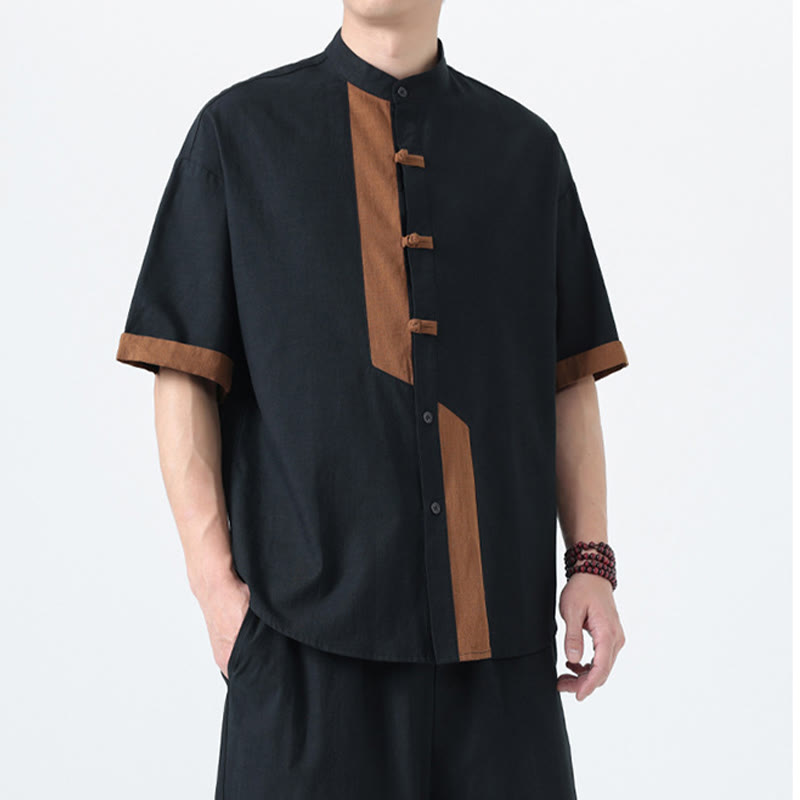 Buddha Stones Casual Color Matching Chinese Frog-Button Design Tang Suit Men's Half Sleeve Cotton Linen Shirt - image 7