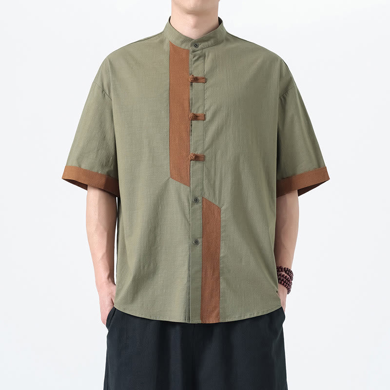 Buddha Stones Casual Color Matching Chinese Frog-Button Design Tang Suit Men's Half Sleeve Cotton Linen Shirt - image 10