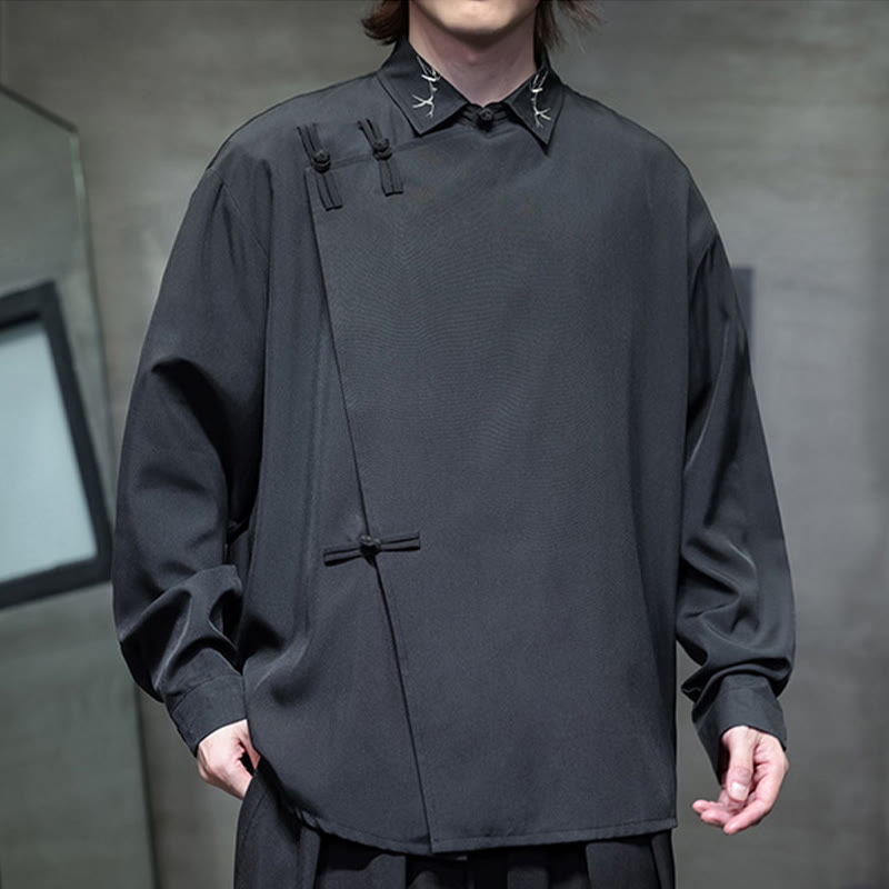 Buddha Stones Vintage Pure Color Chinese Frog-Button Design Embroidery Lapel Men's Long Sleeve Shirt - image 1