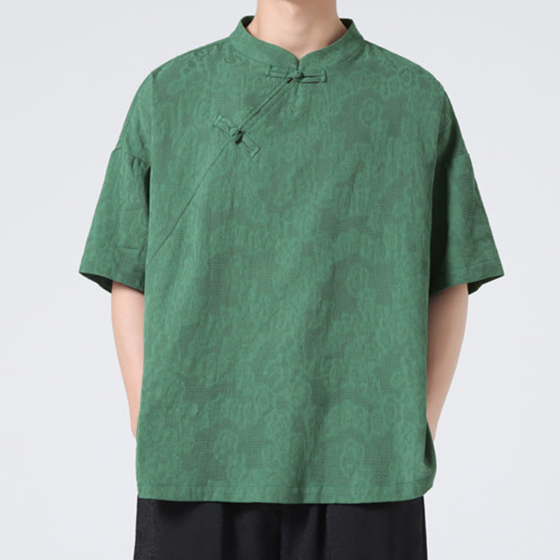 Buddha Stones Retro Pure Color Frog-Button Design Jacquard Flower Pattern Men's Short Sleeve Cotton Linen Shirt - image 1