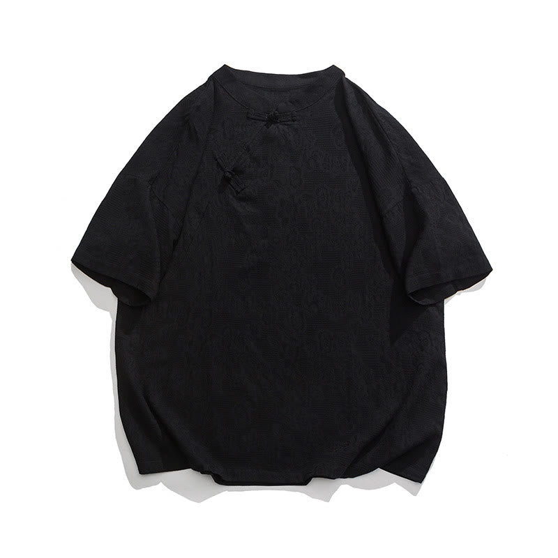 Buddha Stones Retro Pure Color Frog-Button Design Jacquard Flower Pattern Men's Short Sleeve Cotton Linen Shirt - Black - US/UK/AU46，EU56 (5XL) - image 24