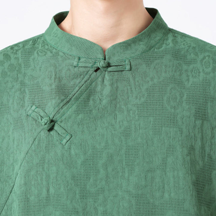 Buddha Stones Retro Pure Color Frog-Button Design Jacquard Flower Pattern Men's Short Sleeve Cotton Linen Shirt - image 8