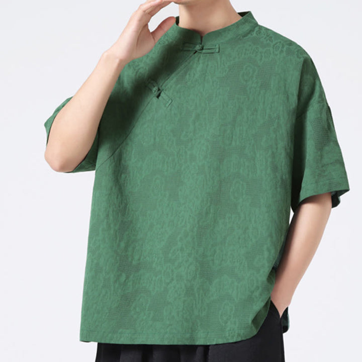 Buddha Stones Retro Pure Color Frog-Button Design Jacquard Flower Pattern Men's Short Sleeve Cotton Linen Shirt - image 2