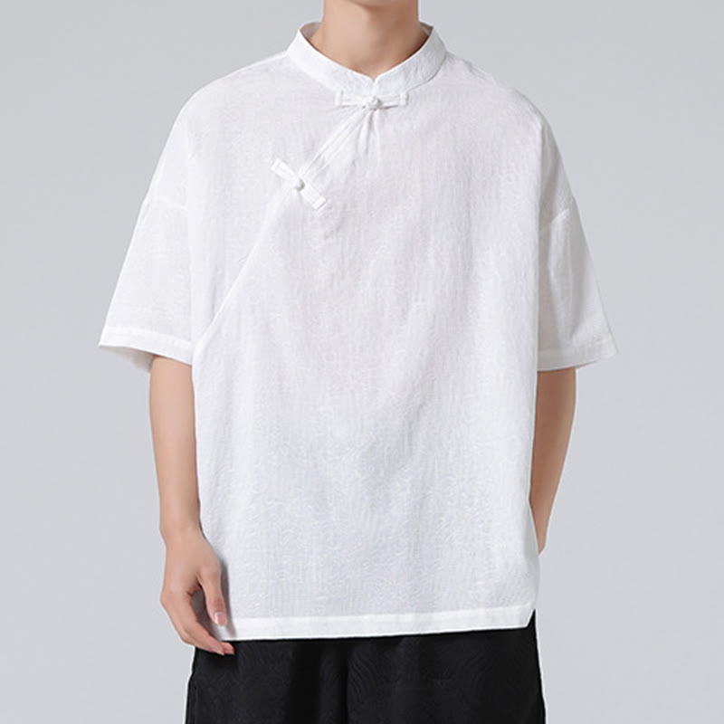 Buddha Stones Retro Pure Color Frog-Button Design Jacquard Flower Pattern Men's Short Sleeve Cotton Linen Shirt - image 19