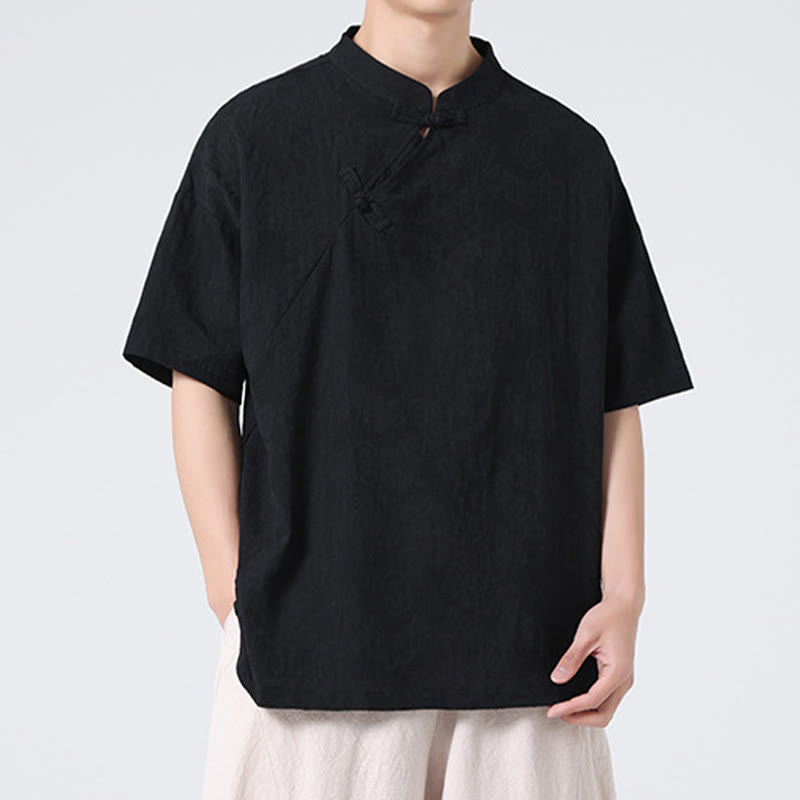 Buddha Stones Retro Pure Color Frog-Button Design Jacquard Flower Pattern Men's Short Sleeve Cotton Linen Shirt - image 31