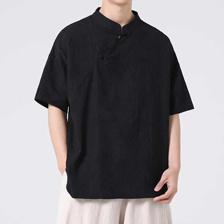 Buddha Stones Retro Pure Color Frog-Button Design Jacquard Flower Pattern Men's Short Sleeve Cotton Linen Shirt - image 31