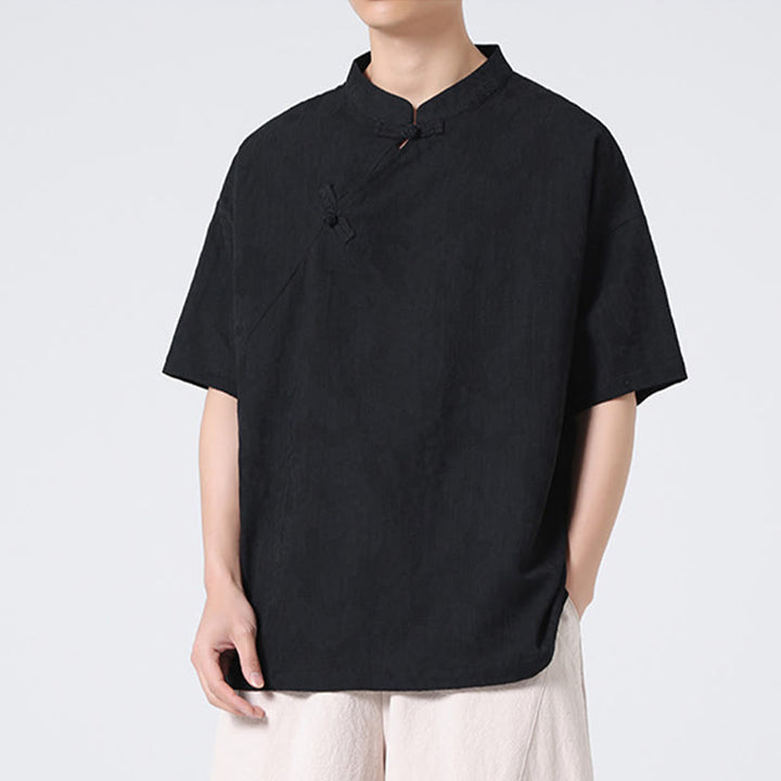 Buddha Stones Retro Pure Color Frog-Button Design Jacquard Flower Pattern Men's Short Sleeve Cotton Linen Shirt - image 30