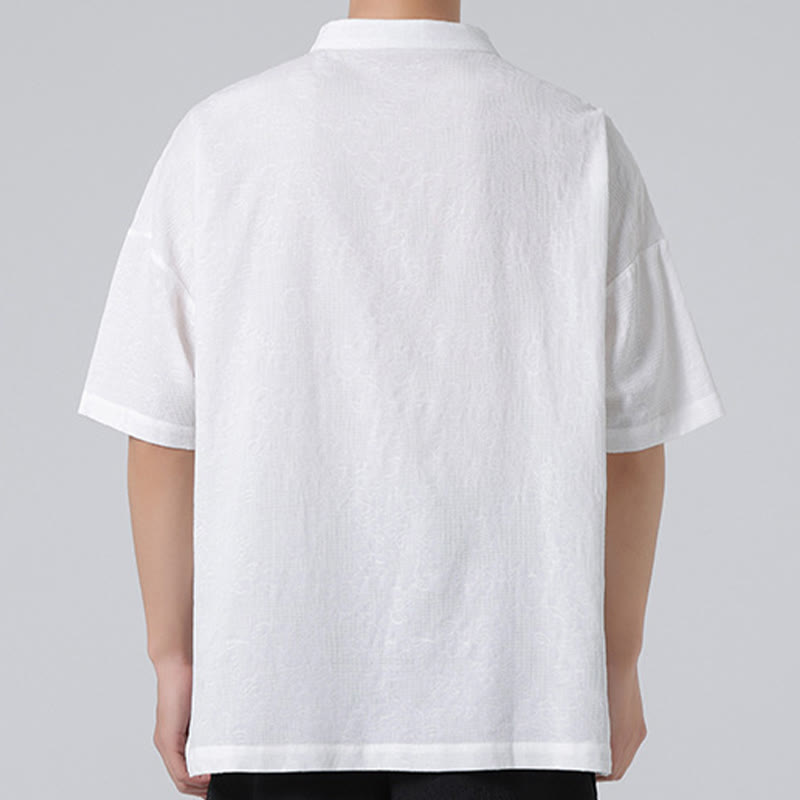 Buddha Stones Retro Pure Color Frog-Button Design Jacquard Flower Pattern Men's Short Sleeve Cotton Linen Shirt - image 17