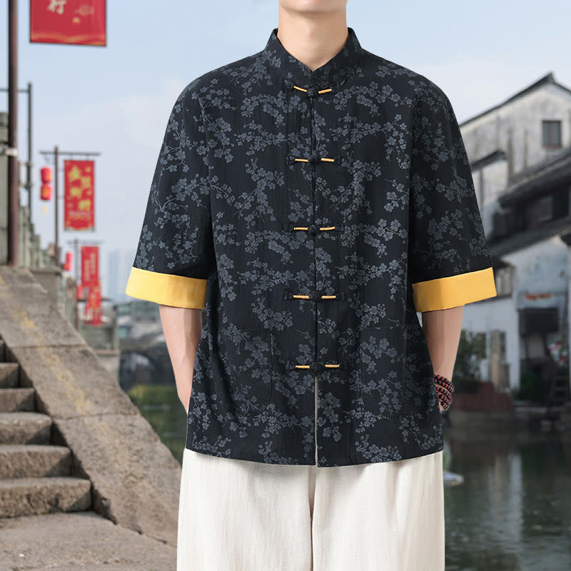 Buddha Stones Retro Printing Flower Pattern Frog-Button Design Stand Collar Men's Half Sleeve Cotton Shirt With Pockets - image 2