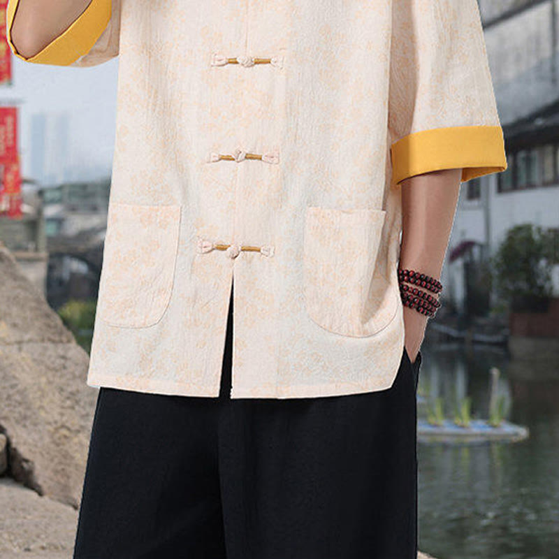 Buddha Stones Retro Printing Flower Pattern Frog-Button Design Stand Collar Men's Half Sleeve Cotton Shirt With Pockets - image 16