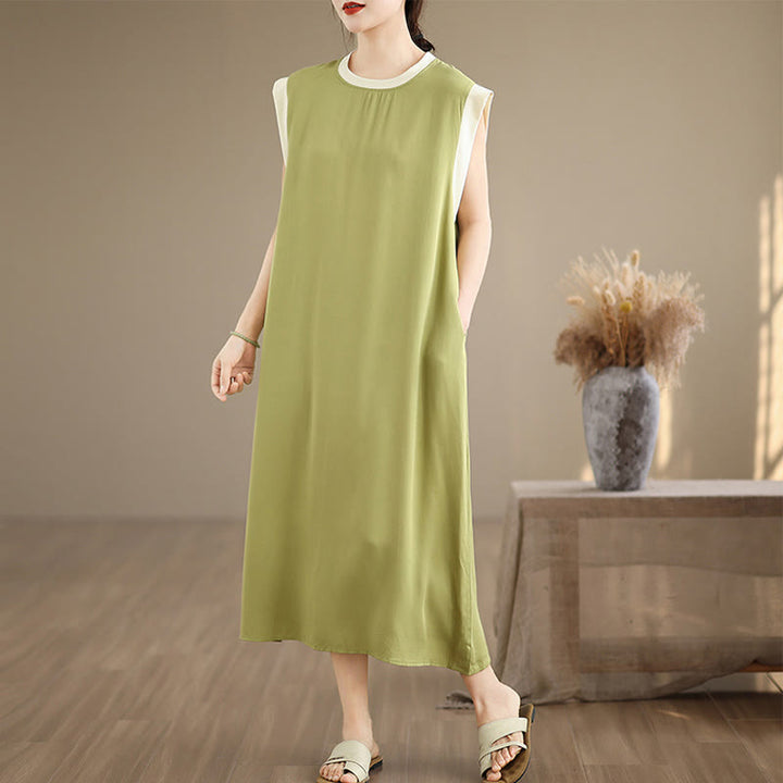 Buddha Stones Pure Color Slit Design Sleeveless Cotton Midi Dress With Pockets - YellowGreen - US12，UK/AU16，EU44 (2XL) - image 7