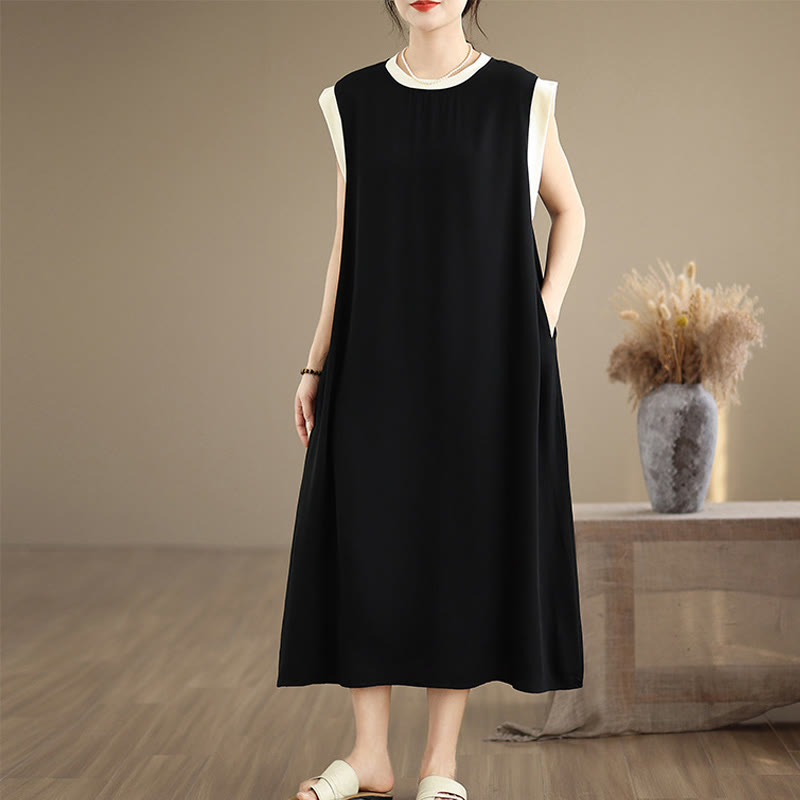 Buddha Stones Pure Color Slit Design Sleeveless Cotton Midi Dress With Pockets - Black - US12，UK/AU16，EU44 (2XL) - image 1