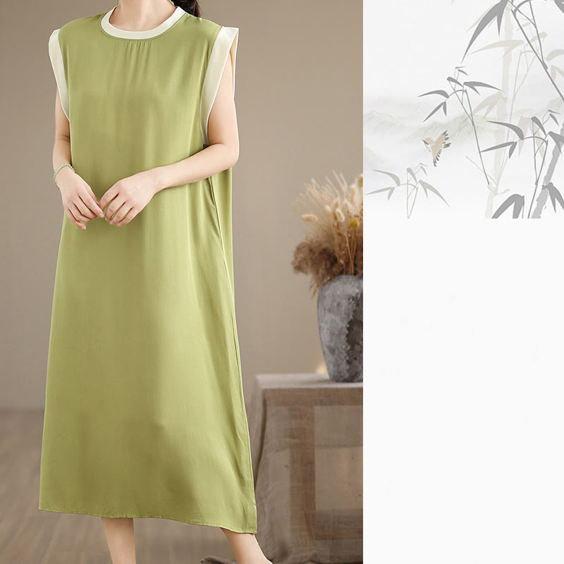 Buddha Stones Pure Color Slit Design Sleeveless Cotton Midi Dress With Pockets - image 18