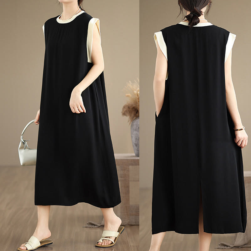 Buddha Stones Pure Color Slit Design Sleeveless Cotton Midi Dress With Pockets - image 3