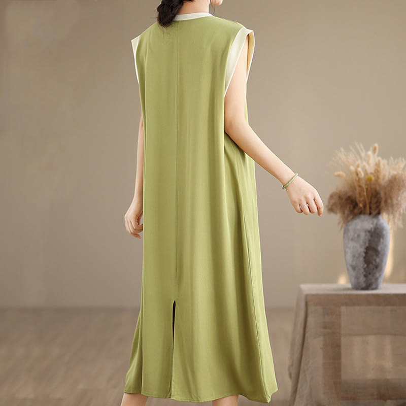 Buddha Stones Pure Color Slit Design Sleeveless Cotton Midi Dress With Pockets - image 11