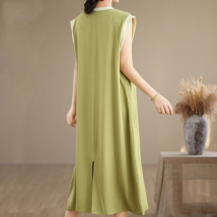Buddha Stones Pure Color Slit Design Sleeveless Cotton Midi Dress With Pockets - image 11