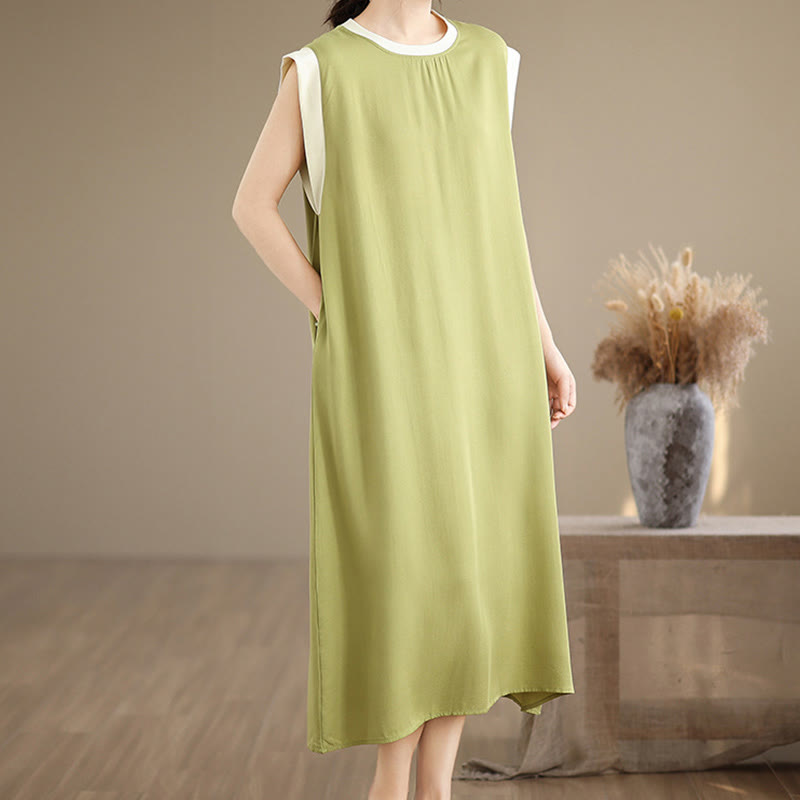 Buddha Stones Pure Color Slit Design Sleeveless Cotton Midi Dress With Pockets - image 9