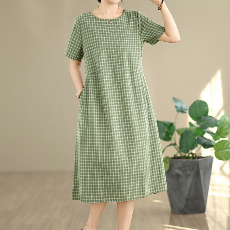 Buddha Stones Commute Plaid Pattern Simple Design Cotton Linen Short Sleeve Midi Dress With Pockets - image 17