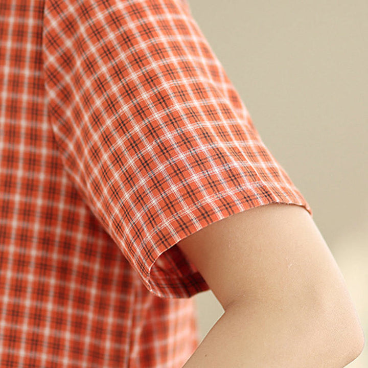 Buddha Stones Commute Plaid Pattern Simple Design Cotton Linen Short Sleeve Midi Dress With Pockets - image 8