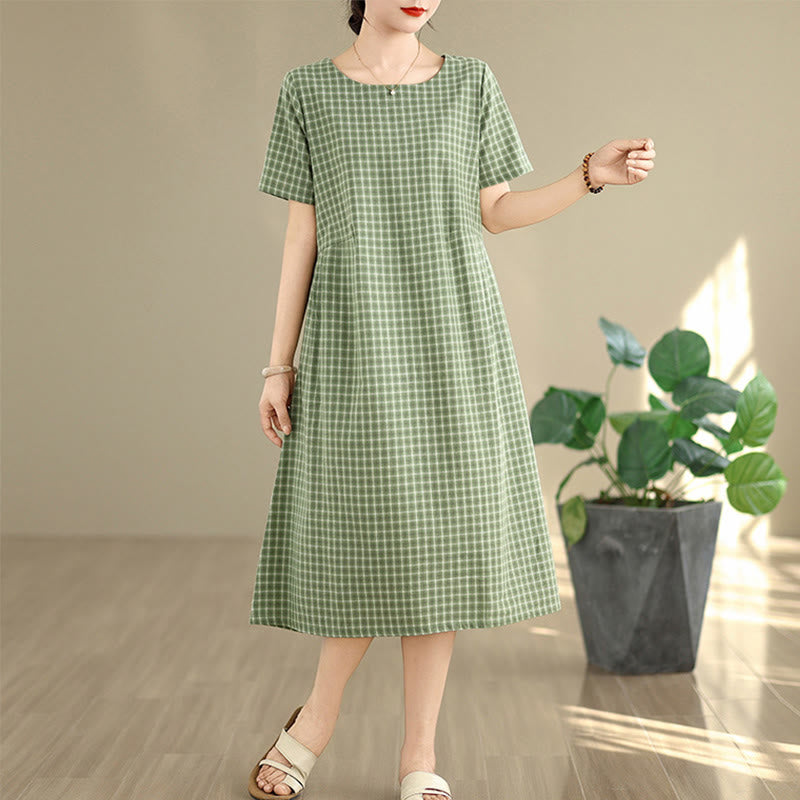 Buddha Stones Commute Plaid Pattern Simple Design Cotton Linen Short Sleeve Midi Dress With Pockets - ForestGreen - US8-10，UK/AU12-14，EU40-42 (2XL) - image 12