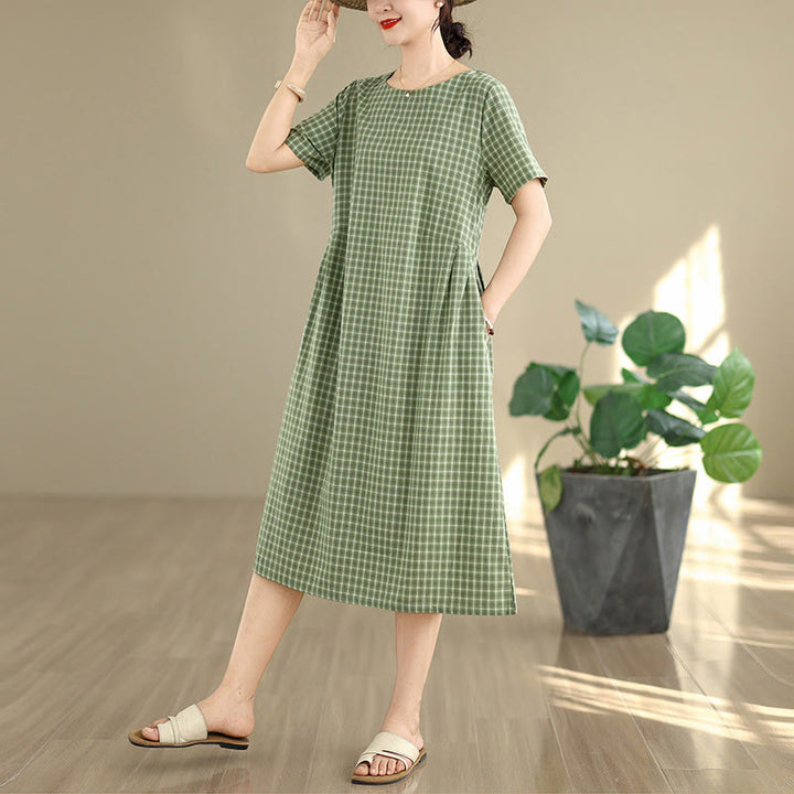 Buddha Stones Commute Plaid Pattern Simple Design Cotton Linen Short Sleeve Midi Dress With Pockets - image 14