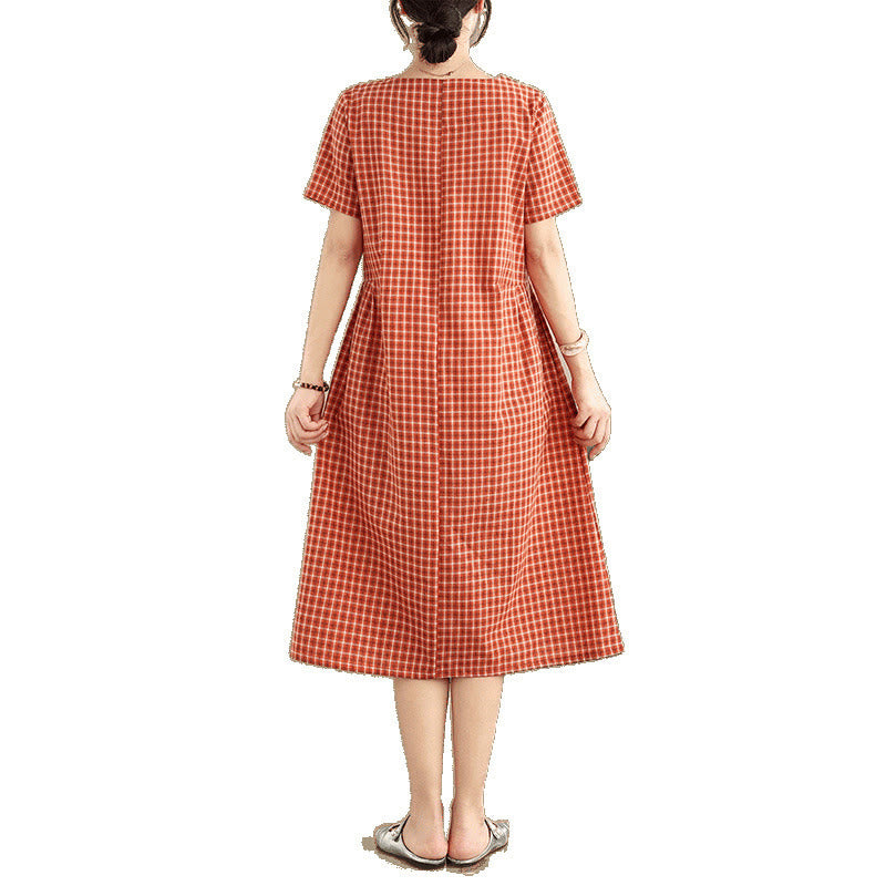 Buddha Stones Commute Plaid Pattern Simple Design Cotton Linen Short Sleeve Midi Dress With Pockets - image 6