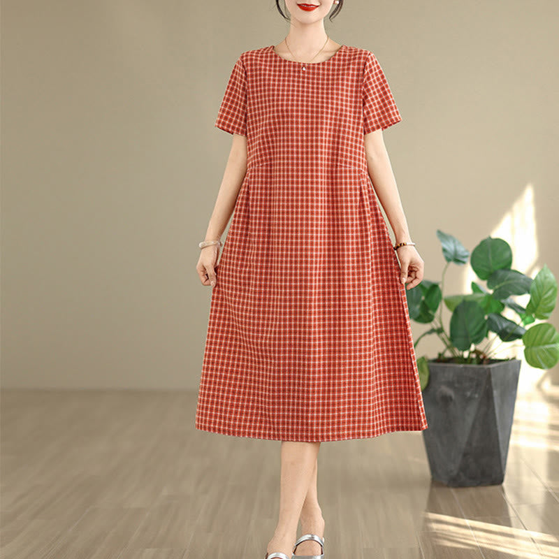 Buddha Stones Commute Plaid Pattern Simple Design Cotton Linen Short Sleeve Midi Dress With Pockets - OrangeRed - US8-10，UK/AU12-14，EU40-42 (2XL) - image 1
