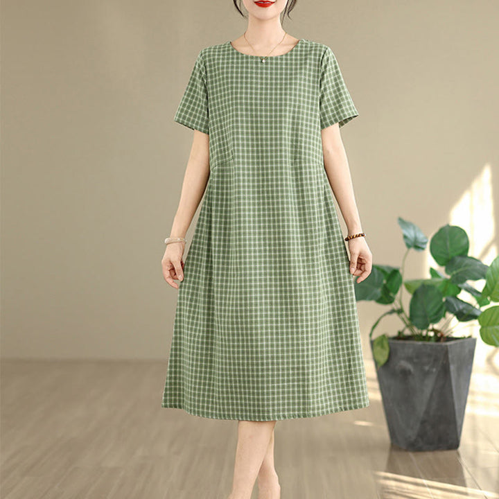 Buddha Stones Commute Plaid Pattern Simple Design Cotton Linen Short Sleeve Midi Dress With Pockets - image 16