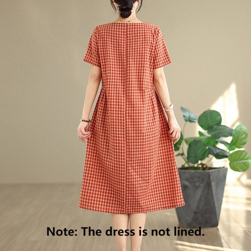 Buddha Stones Commute Plaid Pattern Simple Design Cotton Linen Short Sleeve Midi Dress With Pockets - image 2