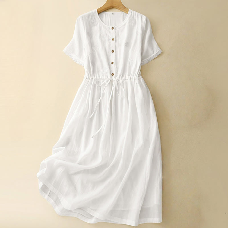 Buddha Stones Commute Embroidery Pleated Button Drawstring Design Cotton Linen Ruffled Short Sleeve Midi Dress - White - US8-10，UK/AU12-14，EU40-42 (2XL) - image 1