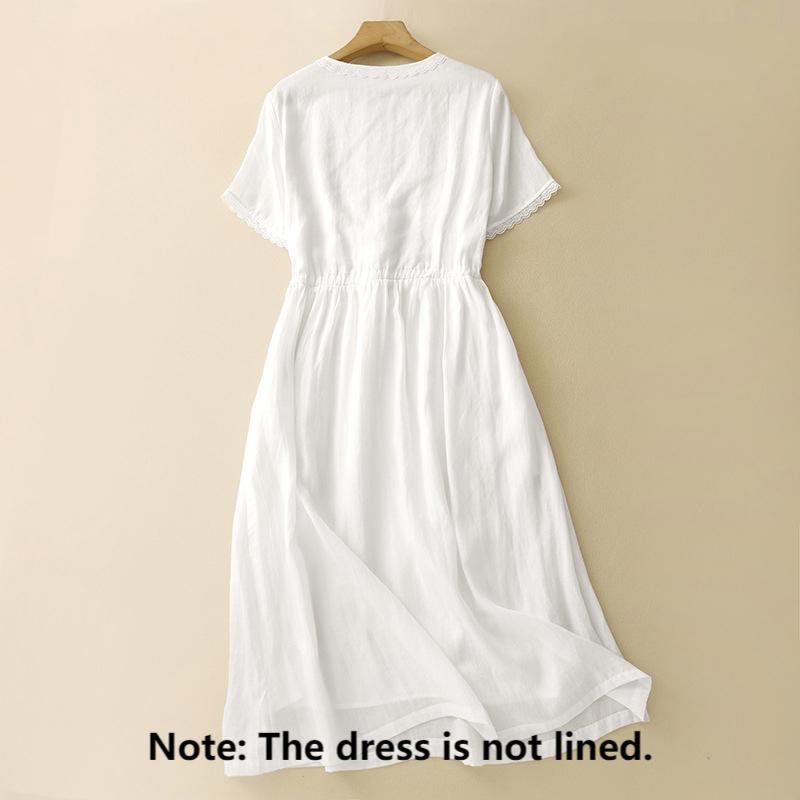 Buddha Stones Commute Embroidery Pleated Button Drawstring Design Cotton Linen Ruffled Short Sleeve Midi Dress - image 2
