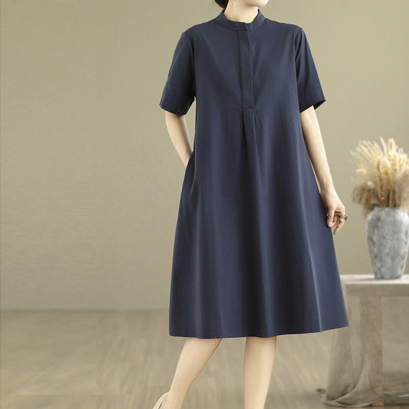 Buddha Stones Commute Plaid Pattern Simple Design Cotton Half Sleeve Midi Dress With Pockets - image 4