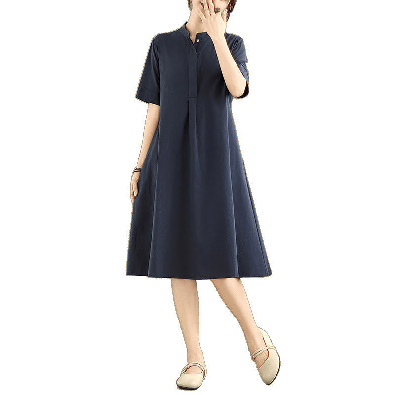 Buddha Stones Commute Plaid Pattern Simple Design Cotton Half Sleeve Midi Dress With Pockets - image 10