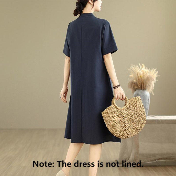Buddha Stones Commute Plaid Pattern Simple Design Cotton Half Sleeve Midi Dress With Pockets - image 1