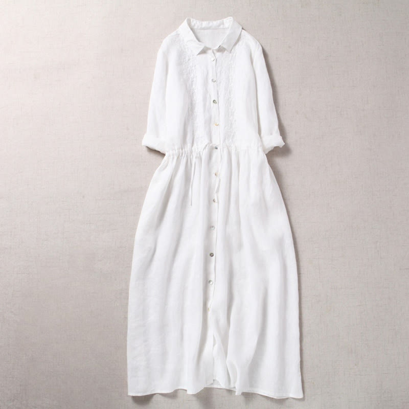 Buddha Stones Fall Vintage Embroidery Button Drawstring Design Cotton Linen Long Sleeve Midi Dress With Pockets - White - US8-10，UK/AU12-14，EU40-42 (2XL) - image 13