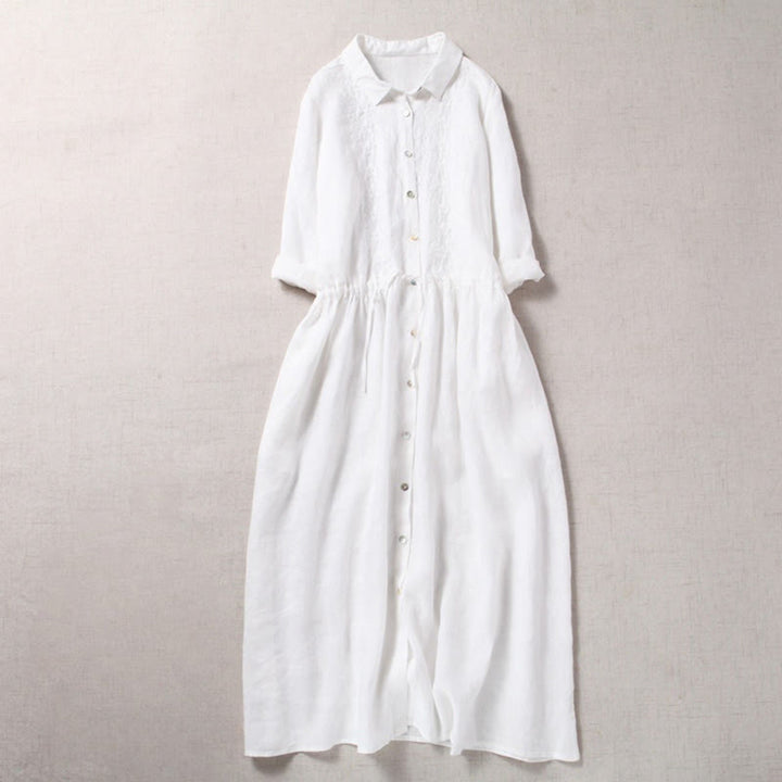 Buddha Stones Fall Vintage Embroidery Button Drawstring Design Cotton Linen Long Sleeve Midi Dress With Pockets - White - US8-10，UK/AU12-14，EU40-42 (2XL) - image 13