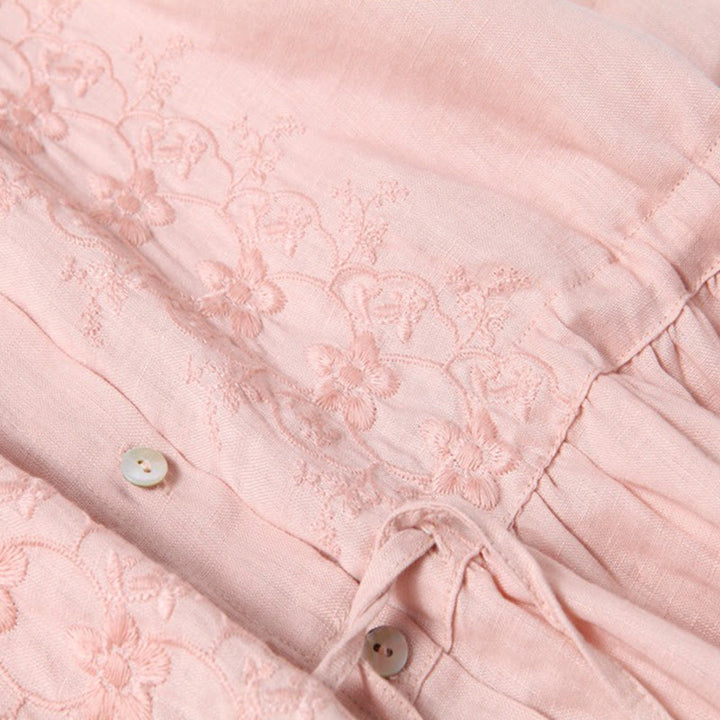 Buddha Stones Fall Vintage Embroidery Button Drawstring Design Cotton Linen Long Sleeve Midi Dress With Pockets - image 10