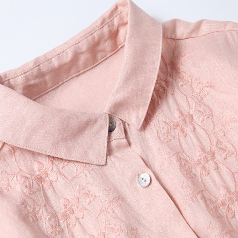 Buddha Stones Fall Vintage Embroidery Button Drawstring Design Cotton Linen Long Sleeve Midi Dress With Pockets - image 2