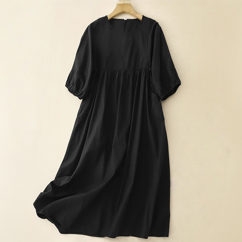 Buddha Stones Vintage Lace-Up Simple Design Cotton Linen Three Quarter Puff Sleeve Midi Dress With Pockets - Black - US12，UK/AU16，EU44 (2XL) - image 7