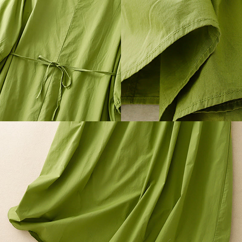 Buddha Stones Vintage Lace-Up Simple Design Cotton Linen Three Quarter Puff Sleeve Midi Dress With Pockets - image 5