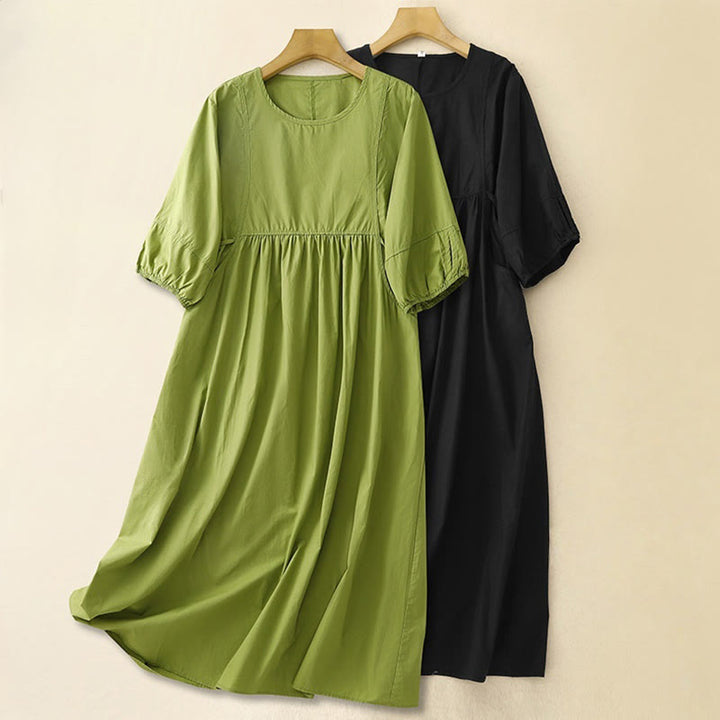 Buddha Stones Vintage Lace-Up Simple Design Cotton Linen Three Quarter Puff Sleeve Midi Dress With Pockets - image 9