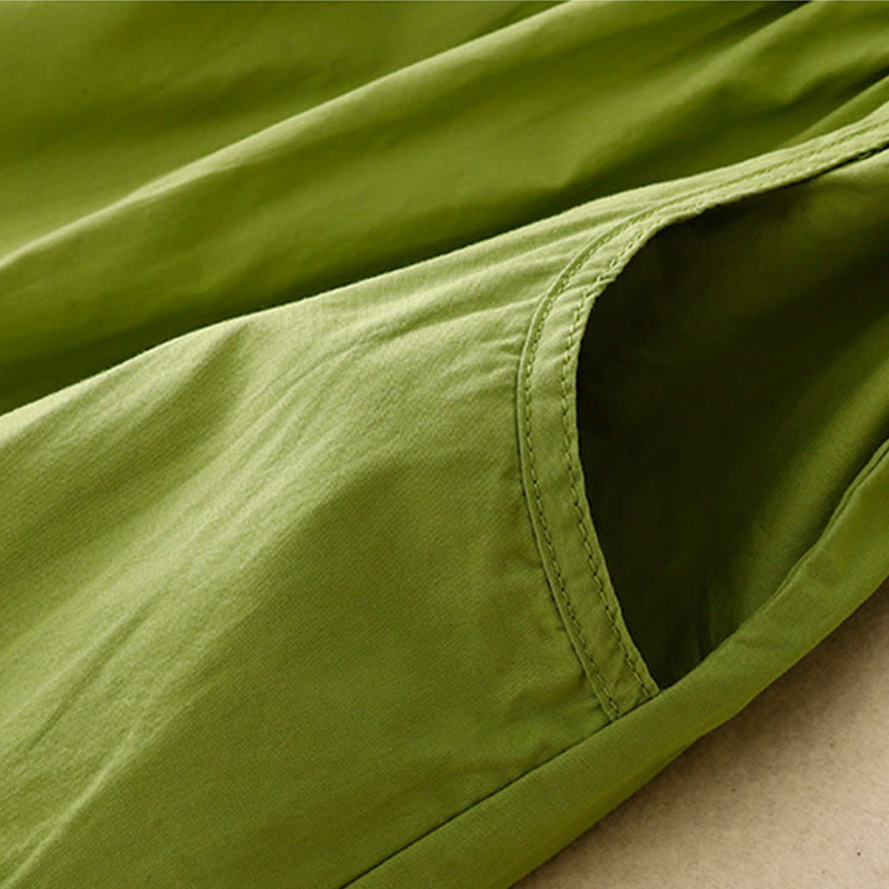 Buddha Stones Vintage Lace-Up Simple Design Cotton Linen Three Quarter Puff Sleeve Midi Dress With Pockets - image 3