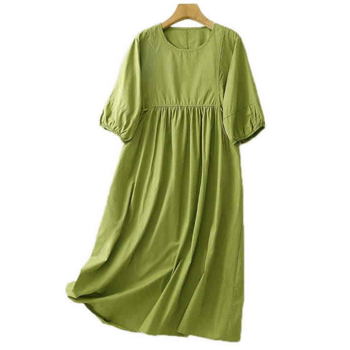 Buddha Stones Vintage Lace-Up Simple Design Cotton Linen Three Quarter Puff Sleeve Midi Dress With Pockets - image 6
