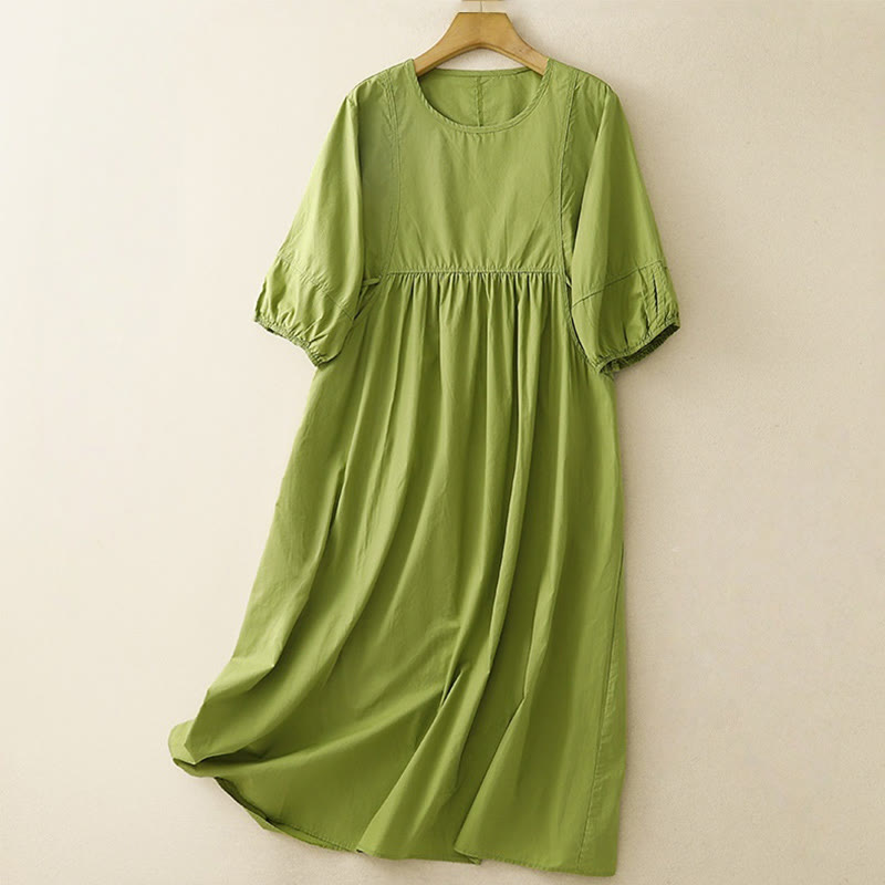 Buddha Stones Vintage Lace-Up Simple Design Cotton Linen Three Quarter Puff Sleeve Midi Dress With Pockets - YellowGreen - US12，UK/AU16，EU44 (2XL) - image 0